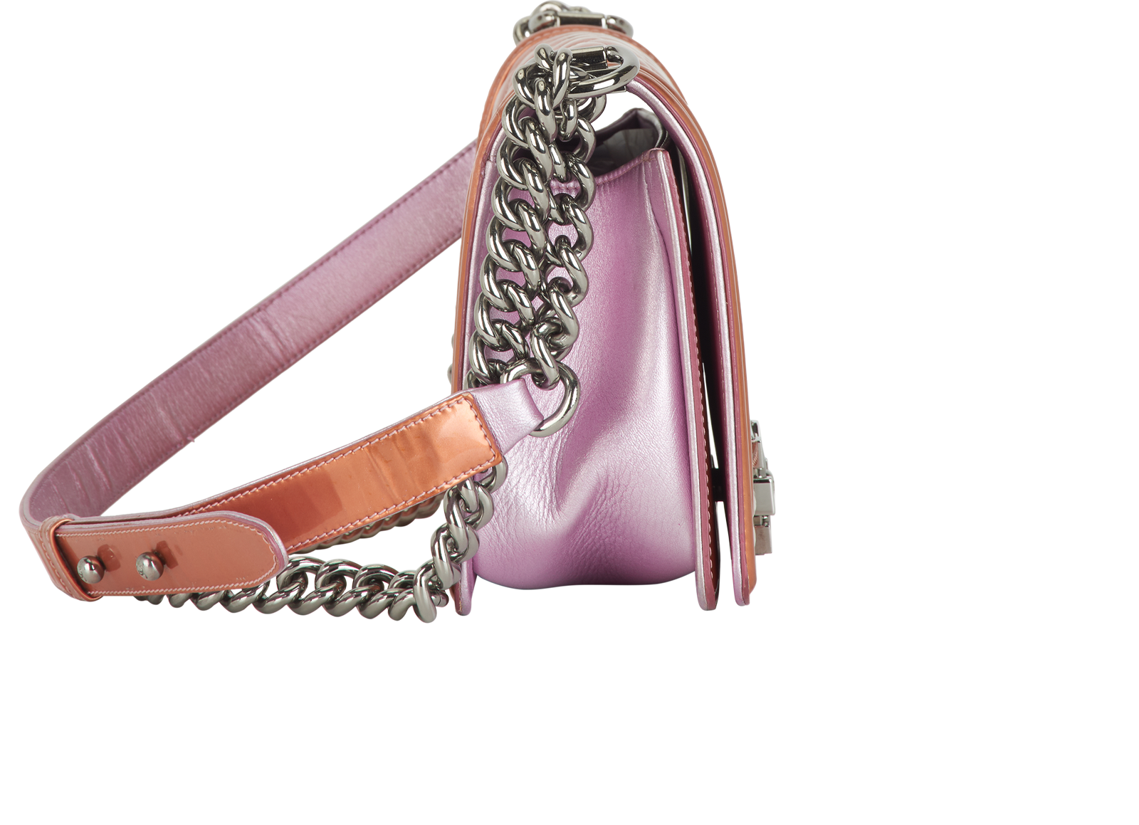 Medium Boy Bag, &pound;1,800, Handbags, Bronze/Purple, Patent Leather, Side view